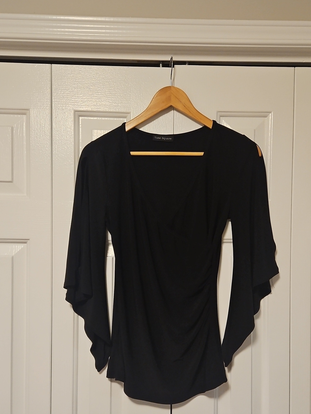 Black Draped V-Neck Flutter Sleeve Blouse